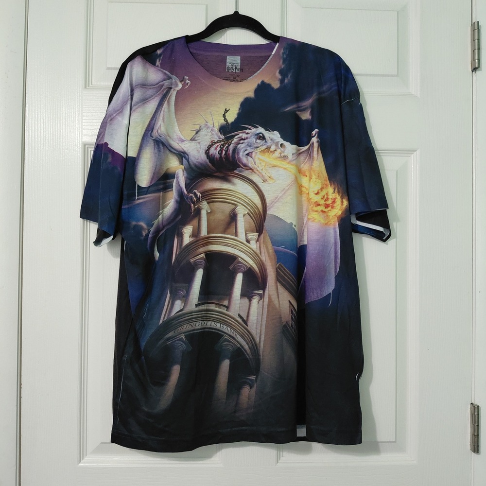 Harry Potter Universal Studios Gringotts Dragon All Over Print Shirt Mens XL